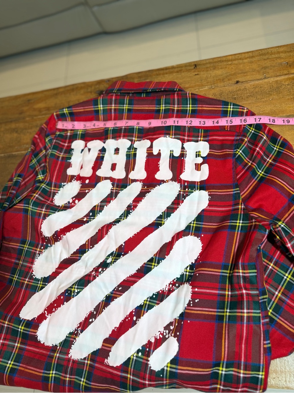 Off-White Red Tartan Plaid Button-Down Shirt with White Graphic Back - Picture 15 of 15